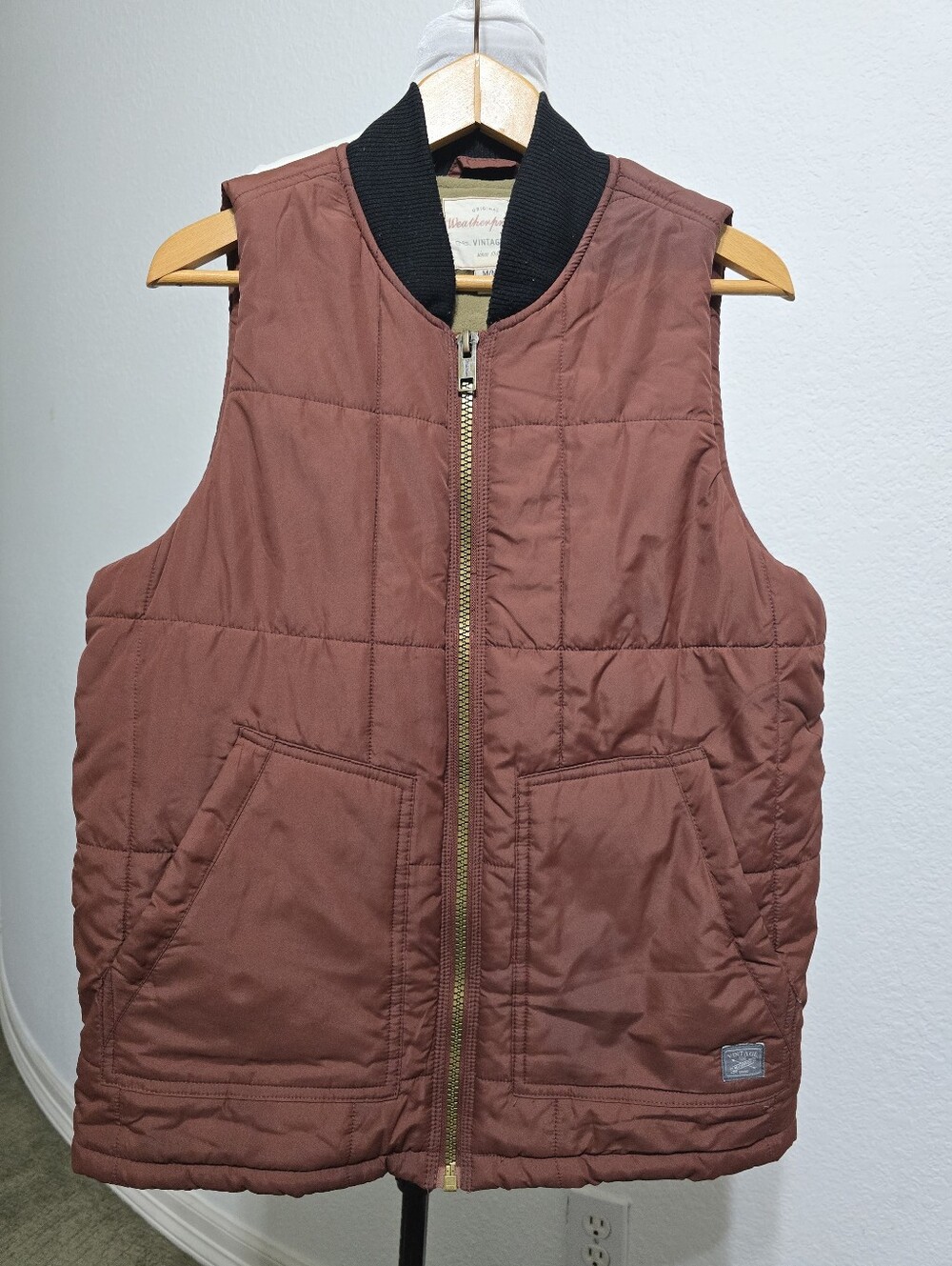 Weatherproof Vintage Quilted Brown Puffer Vest Mens M Rust Red Fleece Lined Warm